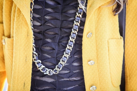 Chanel necklace, Chanel coat, Herve Leger dress, Louis Vuitton backpack